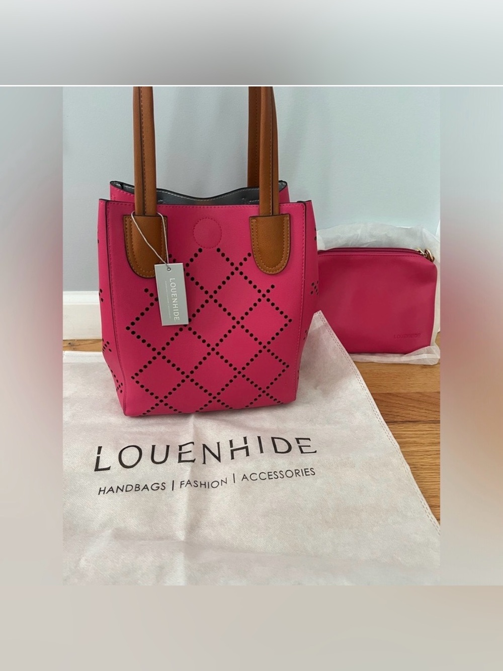 Louenhide Pink Tote Bag with Tan Handles and crossbody-2 in 1